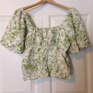 Linen square neckline green and white blouse